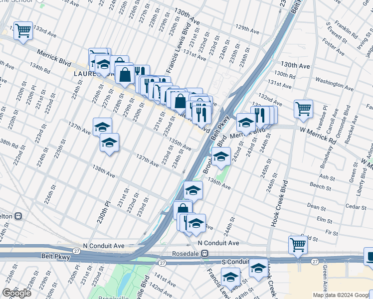 map of restaurants, bars, coffee shops, grocery stores, and more near 135-09 234th Street in Queens