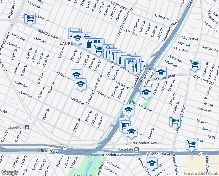 map of restaurants, bars, coffee shops, grocery stores, and more near 135-45 231st Street in Queens