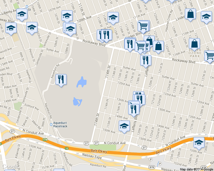 map of restaurants, bars, coffee shops, grocery stores, and more near 133-26 114th Place in Queens