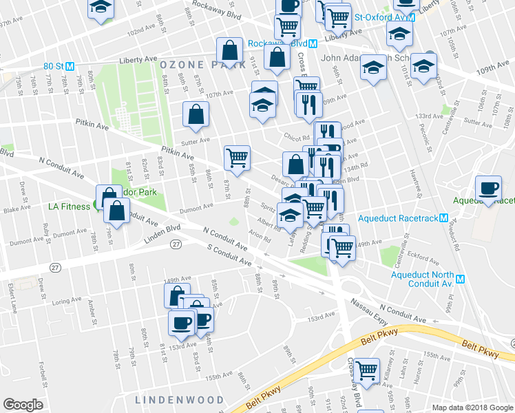 map of restaurants, bars, coffee shops, grocery stores, and more near 88-01 Albert Road in Queens