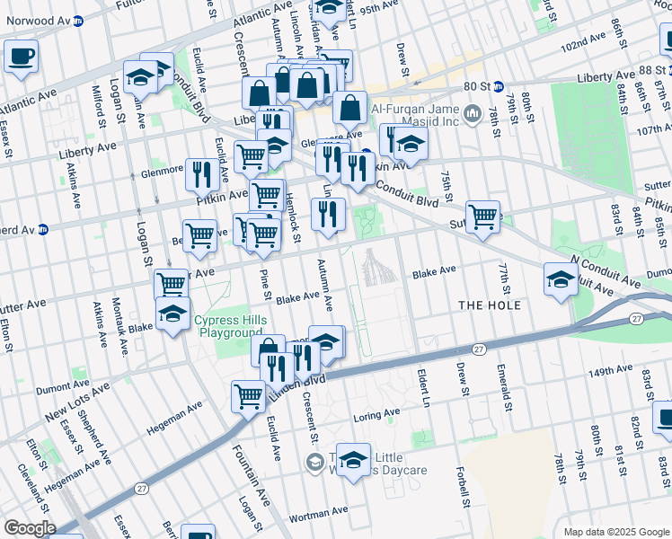 map of restaurants, bars, coffee shops, grocery stores, and more near 660 Autumn Avenue in Brooklyn