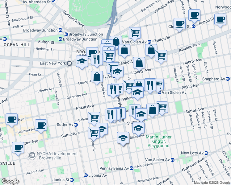 map of restaurants, bars, coffee shops, grocery stores, and more near 214 Granville Payne Avenue in Brooklyn