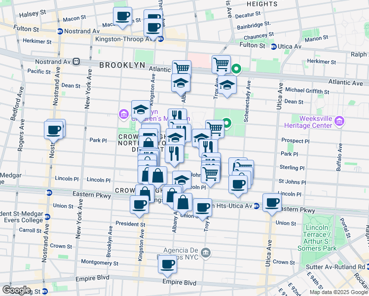 map of restaurants, bars, coffee shops, grocery stores, and more near 1196 Park Place in Brooklyn