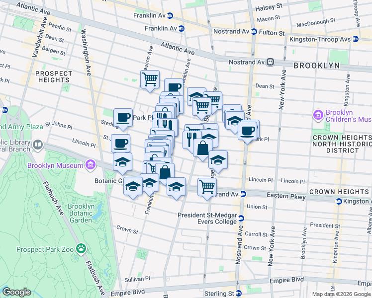map of restaurants, bars, coffee shops, grocery stores, and more near 665 Saint Johns Place in Brooklyn