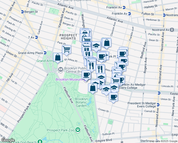 map of restaurants, bars, coffee shops, grocery stores, and more near 188 Eastern Parkway in Brooklyn