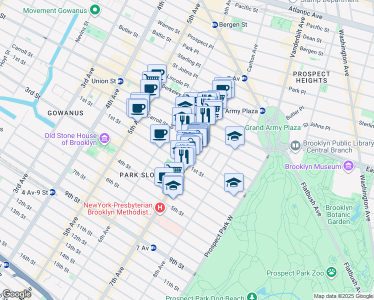 map of restaurants, bars, coffee shops, grocery stores, and more near 152 7th Avenue in Brooklyn