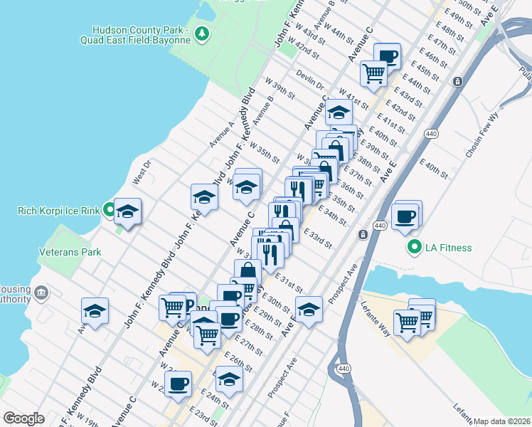 map of restaurants, bars, coffee shops, grocery stores, and more near 44 West 33rd Street in Bayonne