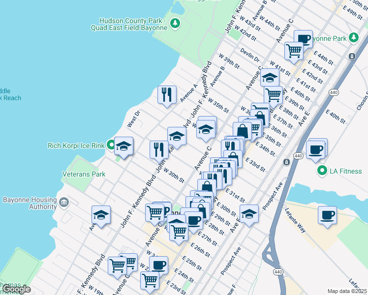 map of restaurants, bars, coffee shops, grocery stores, and more near 79 West 31st Street in Bayonne