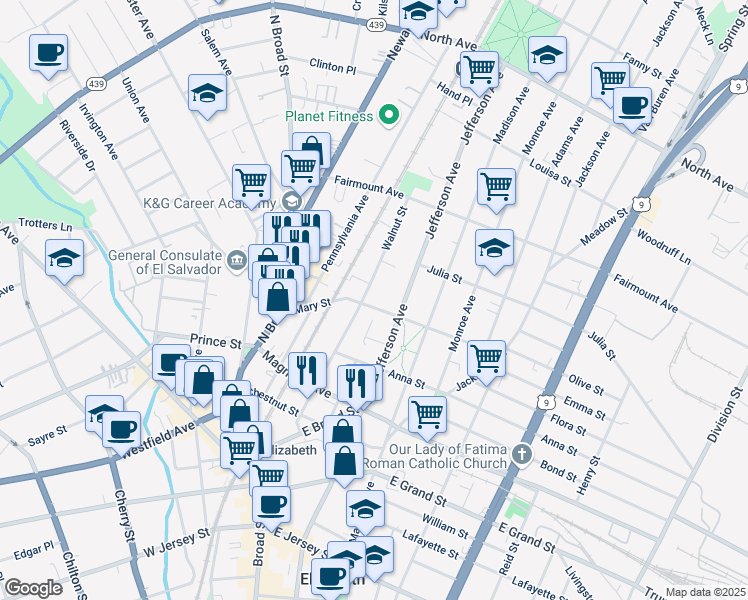 map of restaurants, bars, coffee shops, grocery stores, and more near 1147 Mary Street in Elizabeth
