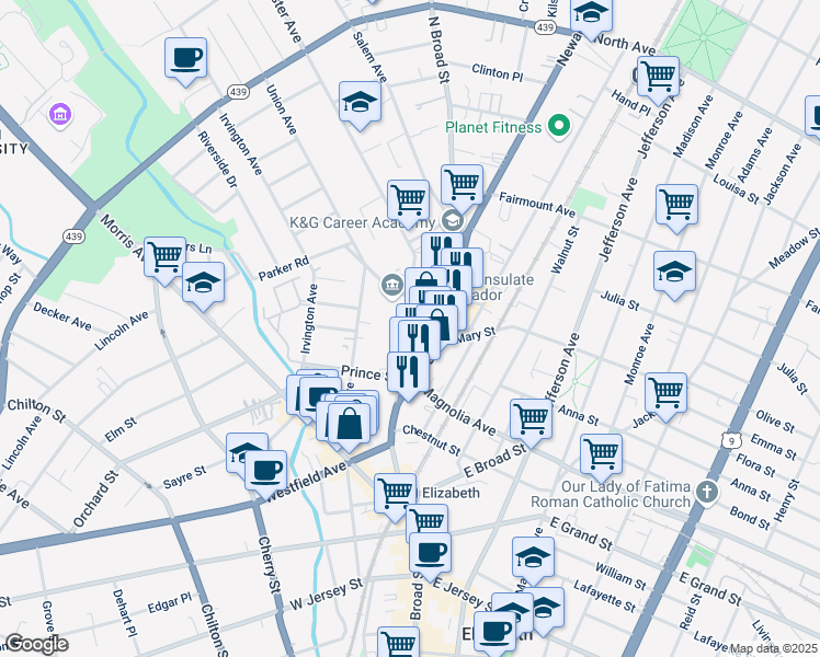 map of restaurants, bars, coffee shops, grocery stores, and more near 432 Westminster Avenue in Elizabeth