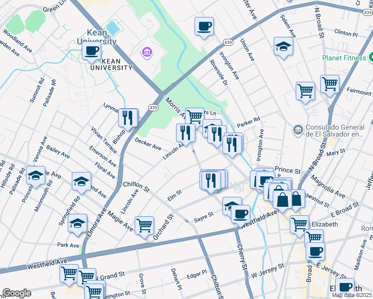 map of restaurants, bars, coffee shops, grocery stores, and more near 118 Lincoln Avenue in Elizabeth