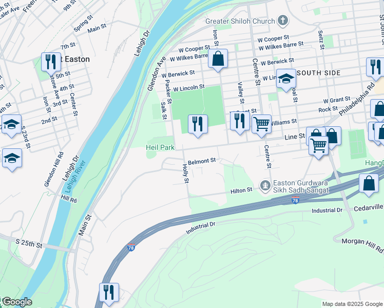 map of restaurants, bars, coffee shops, grocery stores, and more near 906 Line Street in Easton