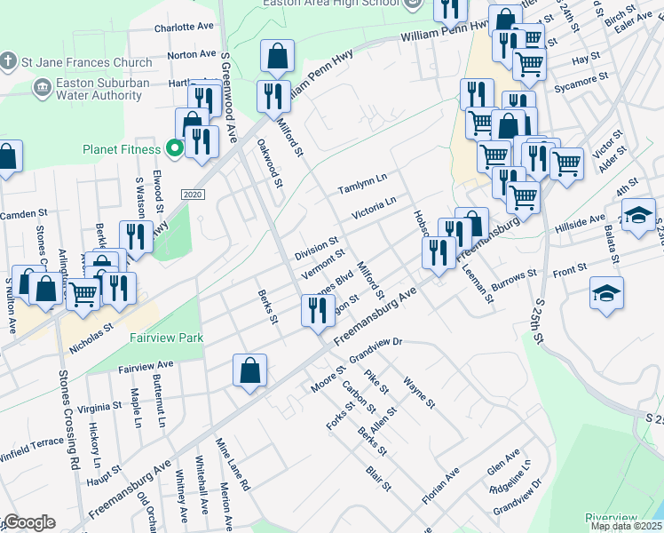 map of restaurants, bars, coffee shops, grocery stores, and more near 3032 Vermont Street in Easton
