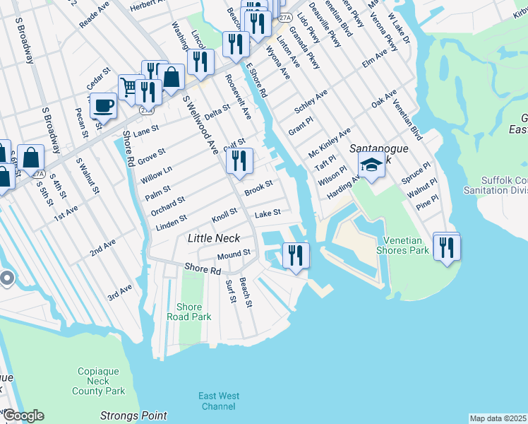 map of restaurants, bars, coffee shops, grocery stores, and more near 24 Lake Street in Lindenhurst