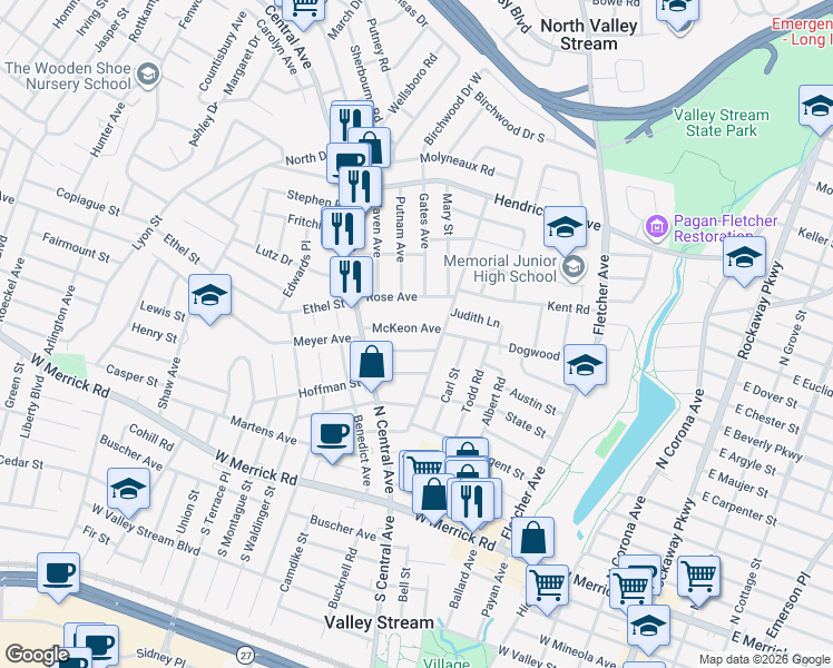 map of restaurants, bars, coffee shops, grocery stores, and more near 26 McKeon Avenue in Valley Stream