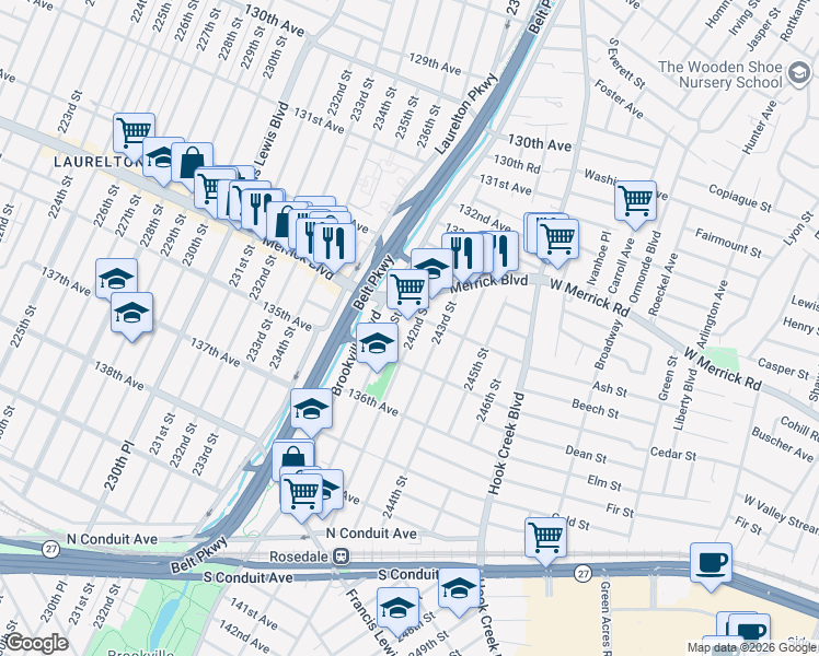 map of restaurants, bars, coffee shops, grocery stores, and more near 134-10 242nd Street in Queens