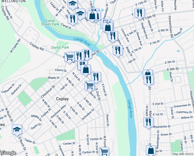 map of restaurants, bars, coffee shops, grocery stores, and more near 34 South Front Street in Coplay