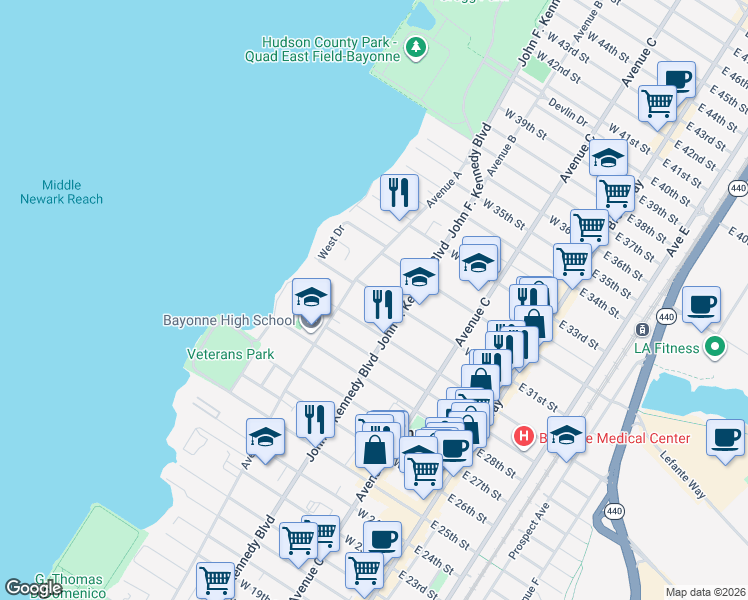 map of restaurants, bars, coffee shops, grocery stores, and more near 143 West 30th Street in Bayonne
