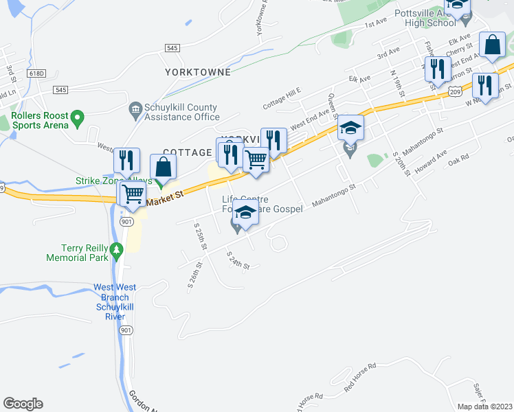 map of restaurants, bars, coffee shops, grocery stores, and more near 2285 West Norwegian Street in Pottsville