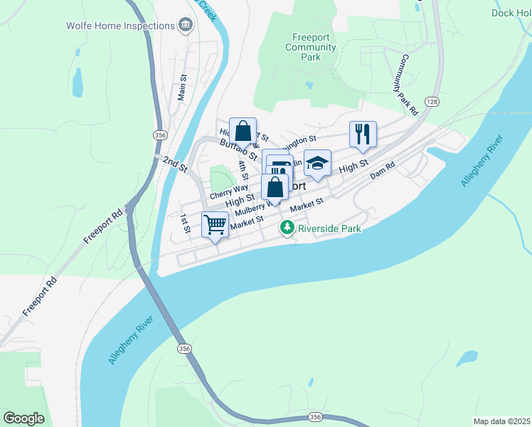 map of restaurants, bars, coffee shops, grocery stores, and more near 419 Market Street in Freeport