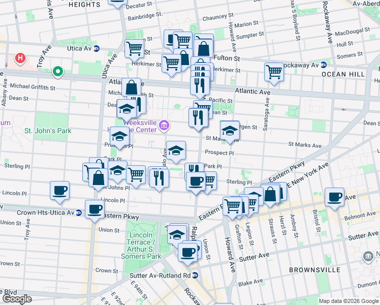 map of restaurants, bars, coffee shops, grocery stores, and more near 1618 Prospect Place in Brooklyn