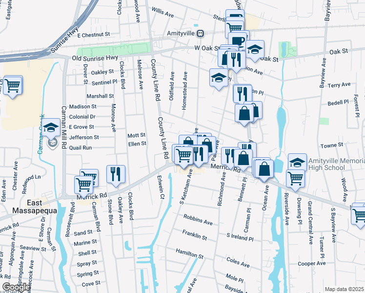 map of restaurants, bars, coffee shops, grocery stores, and more near 9 Southwood Lane in Amityville