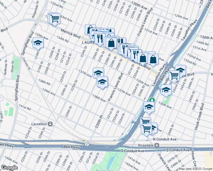 map of restaurants, bars, coffee shops, grocery stores, and more near 229-2 137th Avenue in Queens