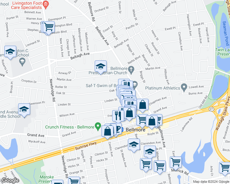 map of restaurants, bars, coffee shops, grocery stores, and more near 211 Oak Street in Bellmore