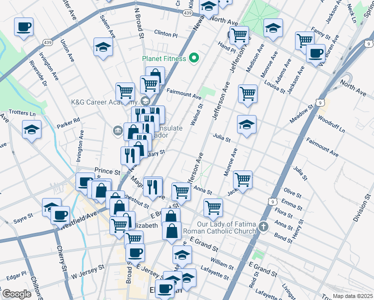 map of restaurants, bars, coffee shops, grocery stores, and more near 1147 Mary Street in Elizabeth