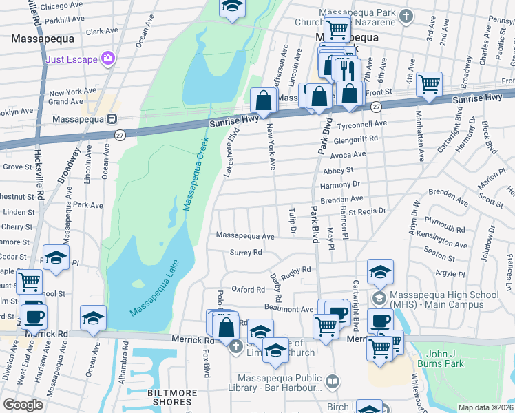 map of restaurants, bars, coffee shops, grocery stores, and more near 38 Brendan Avenue in Massapequa Park