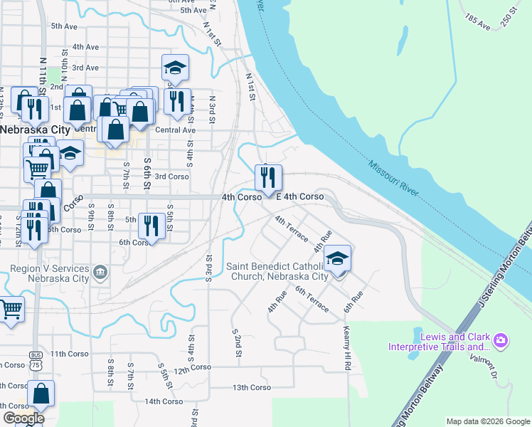 map of restaurants, bars, coffee shops, grocery stores, and more near 124 4th Terrace in Nebraska City