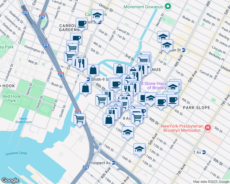 map of restaurants, bars, coffee shops, grocery stores, and more near 104 9th Street in Brooklyn