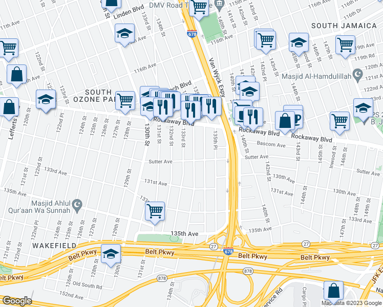 map of restaurants, bars, coffee shops, grocery stores, and more near 122-68 134th Street in Queens