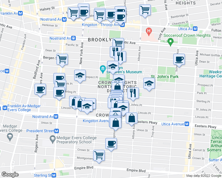 map of restaurants, bars, coffee shops, grocery stores, and more near 1050 Park Place in Brooklyn