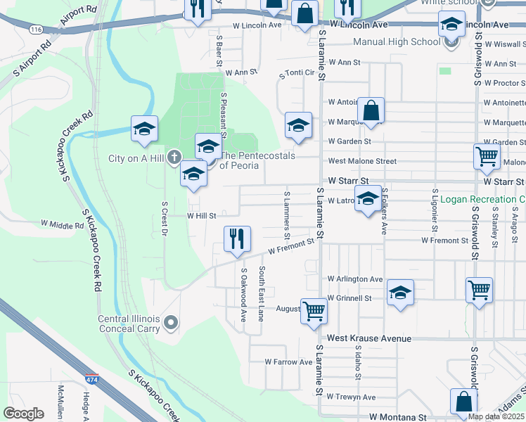 map of restaurants, bars, coffee shops, grocery stores, and more near 3307 West Humboldt Street in Peoria