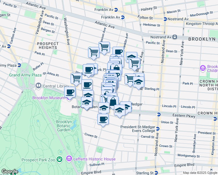 map of restaurants, bars, coffee shops, grocery stores, and more near 615 Saint Johns Place in Brooklyn