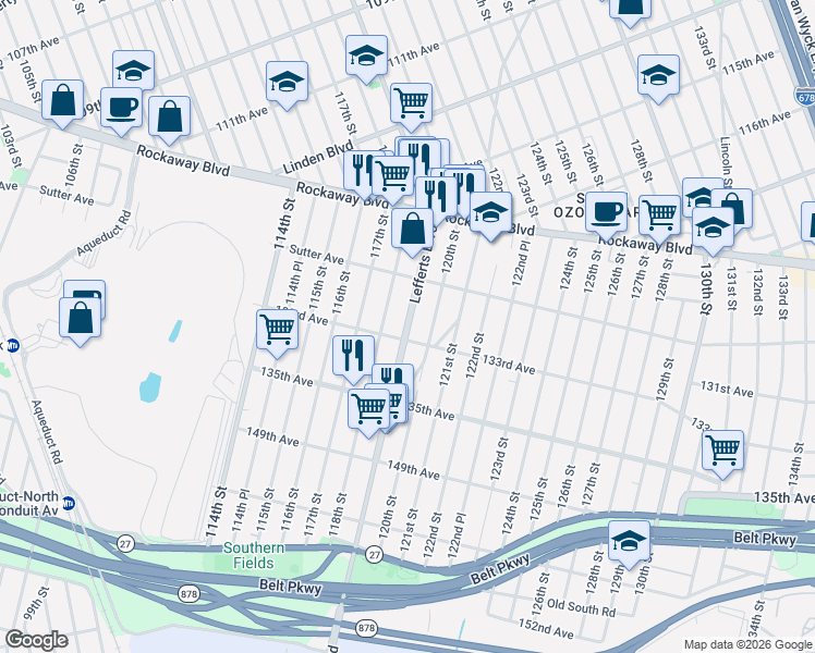 map of restaurants, bars, coffee shops, grocery stores, and more near 130-56 120th Street in Queens