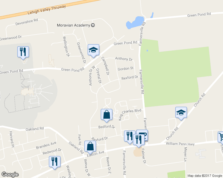 map of restaurants, bars, coffee shops, grocery stores, and more near 4161 Douglas Drive in Bethlehem