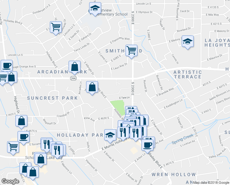 map of restaurants, bars, coffee shops, grocery stores, and more near 2203 Carriage Lane in Holladay