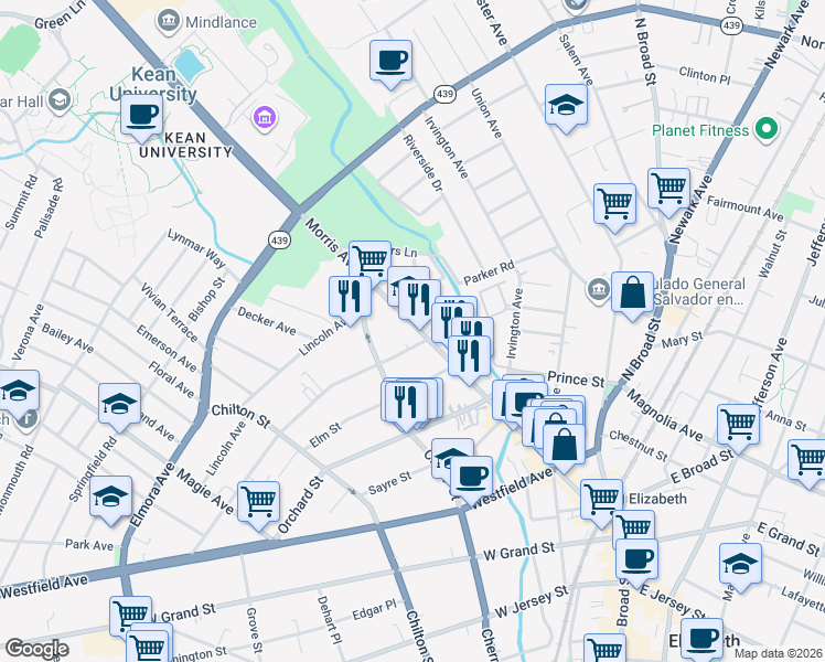 map of restaurants, bars, coffee shops, grocery stores, and more near 506 Morris Avenue in Elizabeth