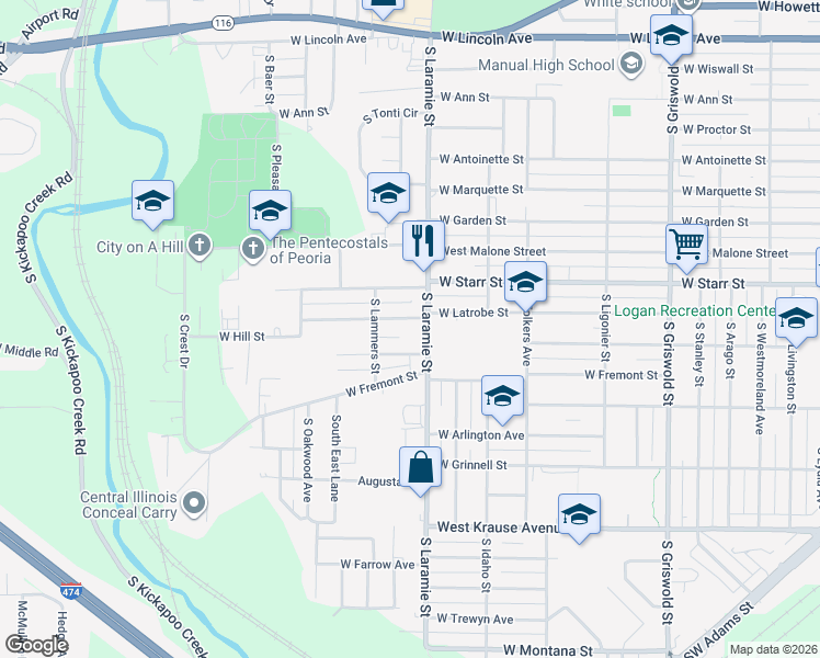map of restaurants, bars, coffee shops, grocery stores, and more near 3117 West Humboldt Street in Peoria