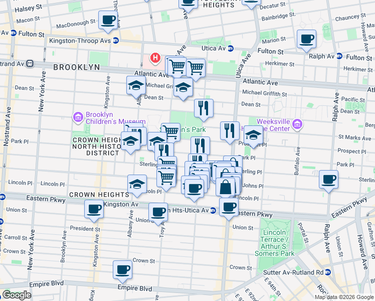 map of restaurants, bars, coffee shops, grocery stores, and more near 1293 Park Place in Brooklyn
