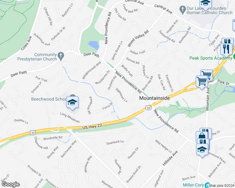 map of restaurants, bars, coffee shops, grocery stores, and more near 261 Appletree Lane in Mountainside