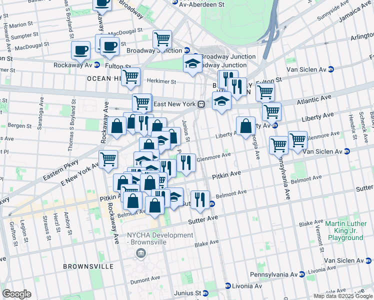 map of restaurants, bars, coffee shops, grocery stores, and more near 109 Junius Street in Brooklyn