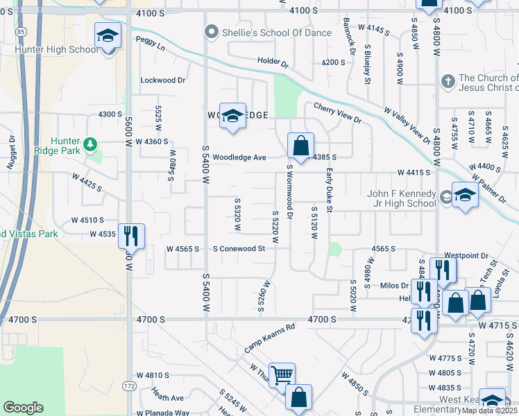 map of restaurants, bars, coffee shops, grocery stores, and more near 5270 Woodtree Circle in Salt Lake City