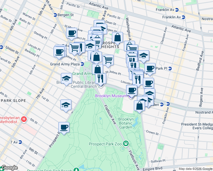 map of restaurants, bars, coffee shops, grocery stores, and more near 38 Eastern Parkway in Brooklyn