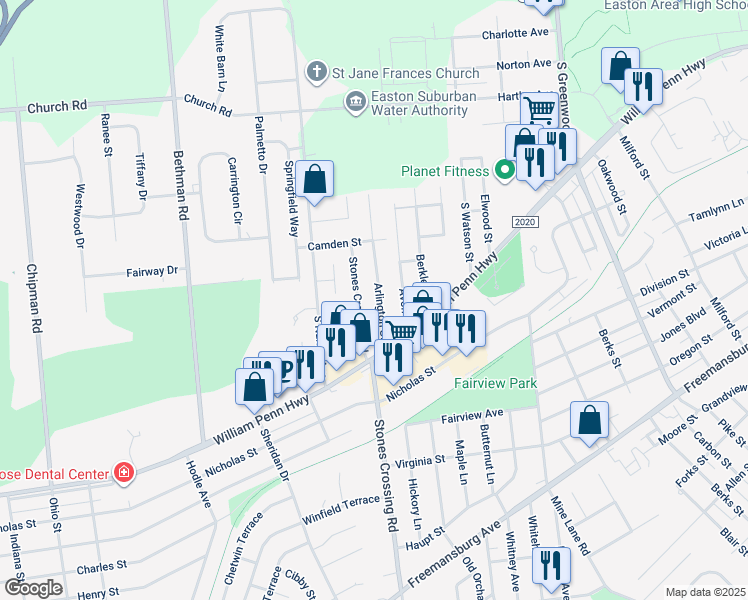 map of restaurants, bars, coffee shops, grocery stores, and more near 438 Arlington Street in Easton