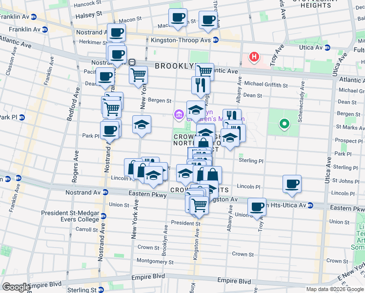 map of restaurants, bars, coffee shops, grocery stores, and more near 1020 Park Place in Brooklyn