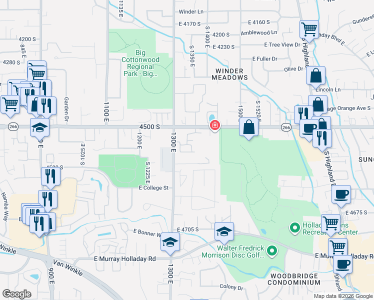 map of restaurants, bars, coffee shops, grocery stores, and more near 1337 Lake Springs Lane in Millcreek