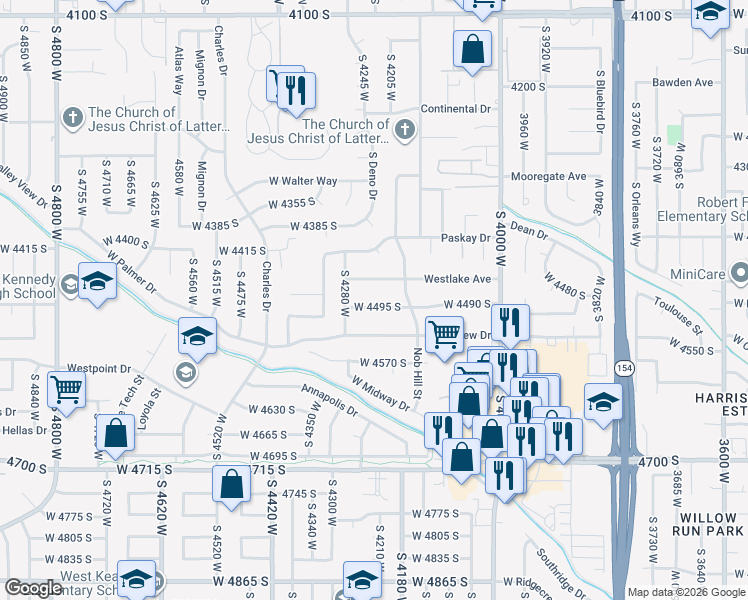 map of restaurants, bars, coffee shops, grocery stores, and more near 4205 West 4495 South in West Valley City